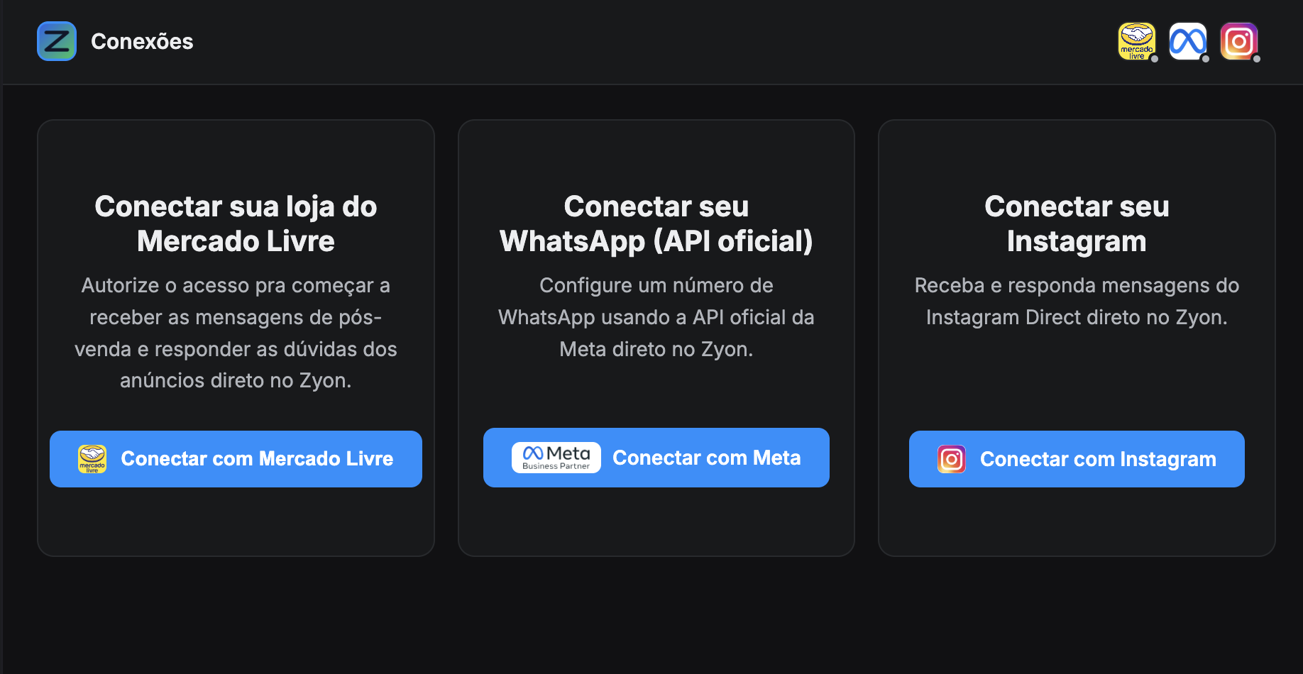 Tela real do painel de conexões do Zyon mostrando Mercado Livre, Meta e Instagram no mesmo ambiente